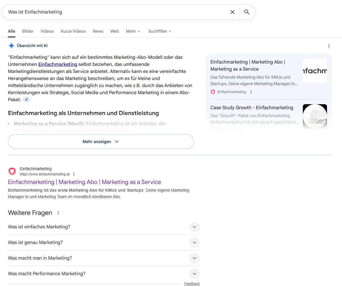 Screenshot einer Google-Suchergebnisseite für "Was ist Einfachmarketing" mit Featured Snippets, Definitionen und verwandten GEO-Fragen auf Deutsch.
