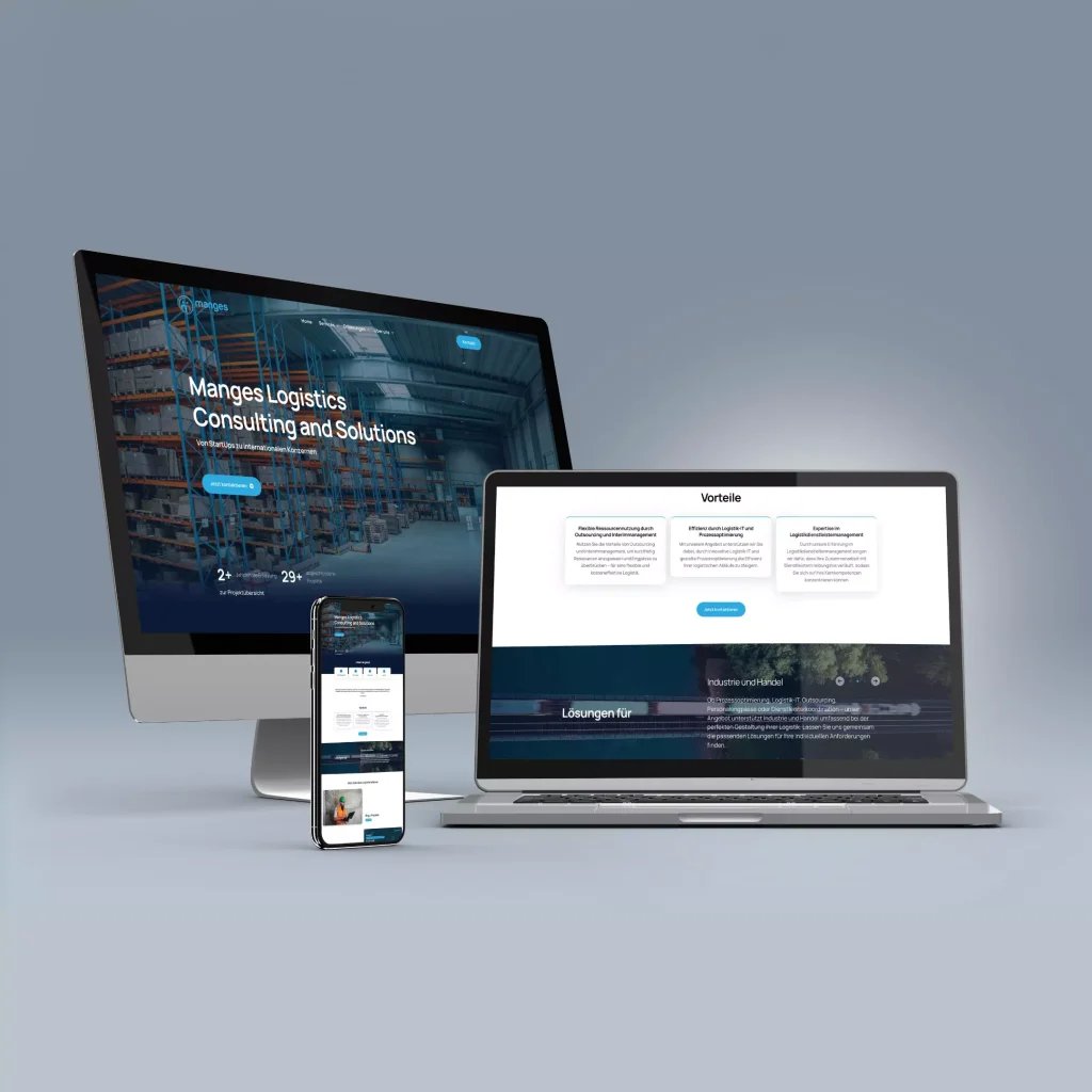 Ein digitales Modell mit einem Desktop, einem Laptop und einem Smartphone, die alle auf ihren Website-Bildschirmen Webseiten zu Logistikberatung und -lösungen anzeigen.
