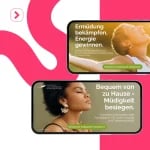 Auf zwei Smartphone-Bildschirmen werden Anzeigen für Online-Arztkonsultationen zum Thema Müdigkeit angezeigt, wobei die zugrunde liegenden Ursachen hervorgehoben werden. Eine Frau mit geschlossenen Augen und eine lächelnde Person sind zu sehen, wobei rosafarbene Markenelemente den Hintergrund akzentuieren.
