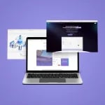 Ein Laptop, auf dem die Covento-Website präsentiert wird, ist von schwebenden Browserfenstern vor einem leuchtend violetten Hintergrund umgeben.