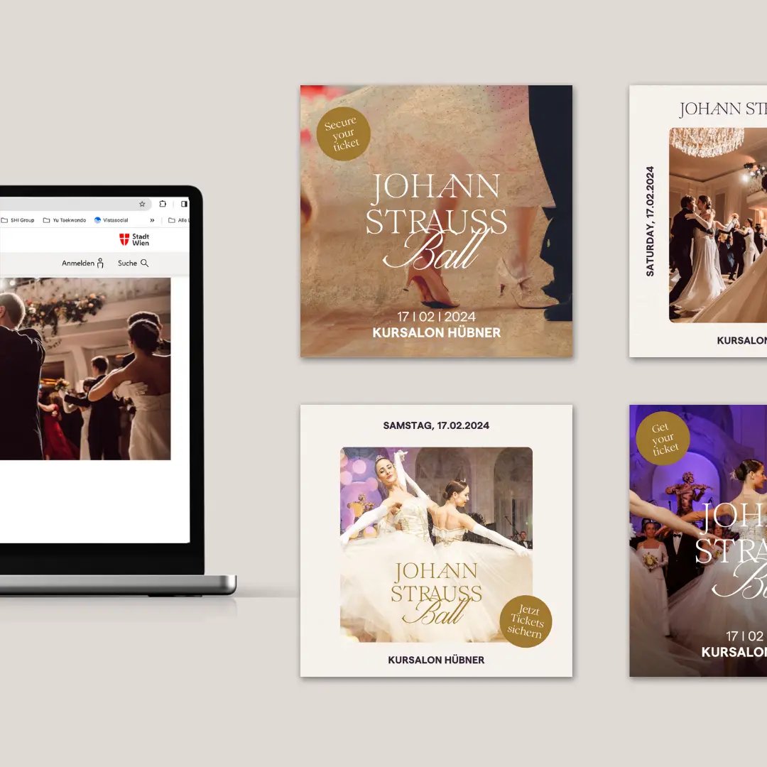Werbematerialien für den Johann Strauß Ball 2024, darunter Social Media-Beiträge und ein Laptop-Bildschirm, auf dem die elegante Veranstaltung gezeigt wird. Feiern Sie mit klassischer Musik am 17. Februar 2024 im Kursalon Hübner.
