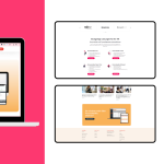 Geteilter Bildschirm, der das Design von Website 2 auf einem Laptop präsentiert. Die linke Seite ist mit einem rosa Hintergrund versehen, während die rechte Seite, inspiriert von Personalwolke, strukturierte Website-Abschnitte mit Text und Bildern zeigt.