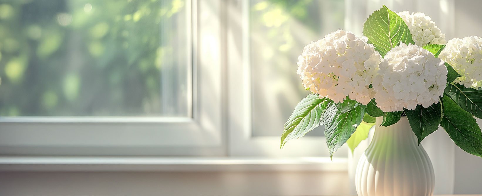 A white vase holding a bouquet of white hydrangeas is placed on a surface near a sunlit window.