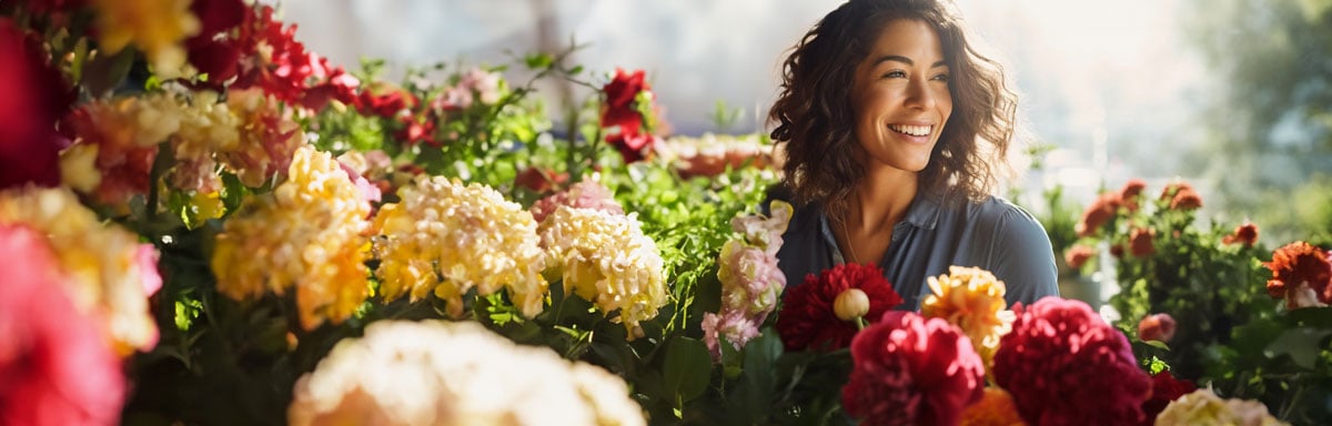 A woman smiling wondering is there a florist near me or a flower shop near me