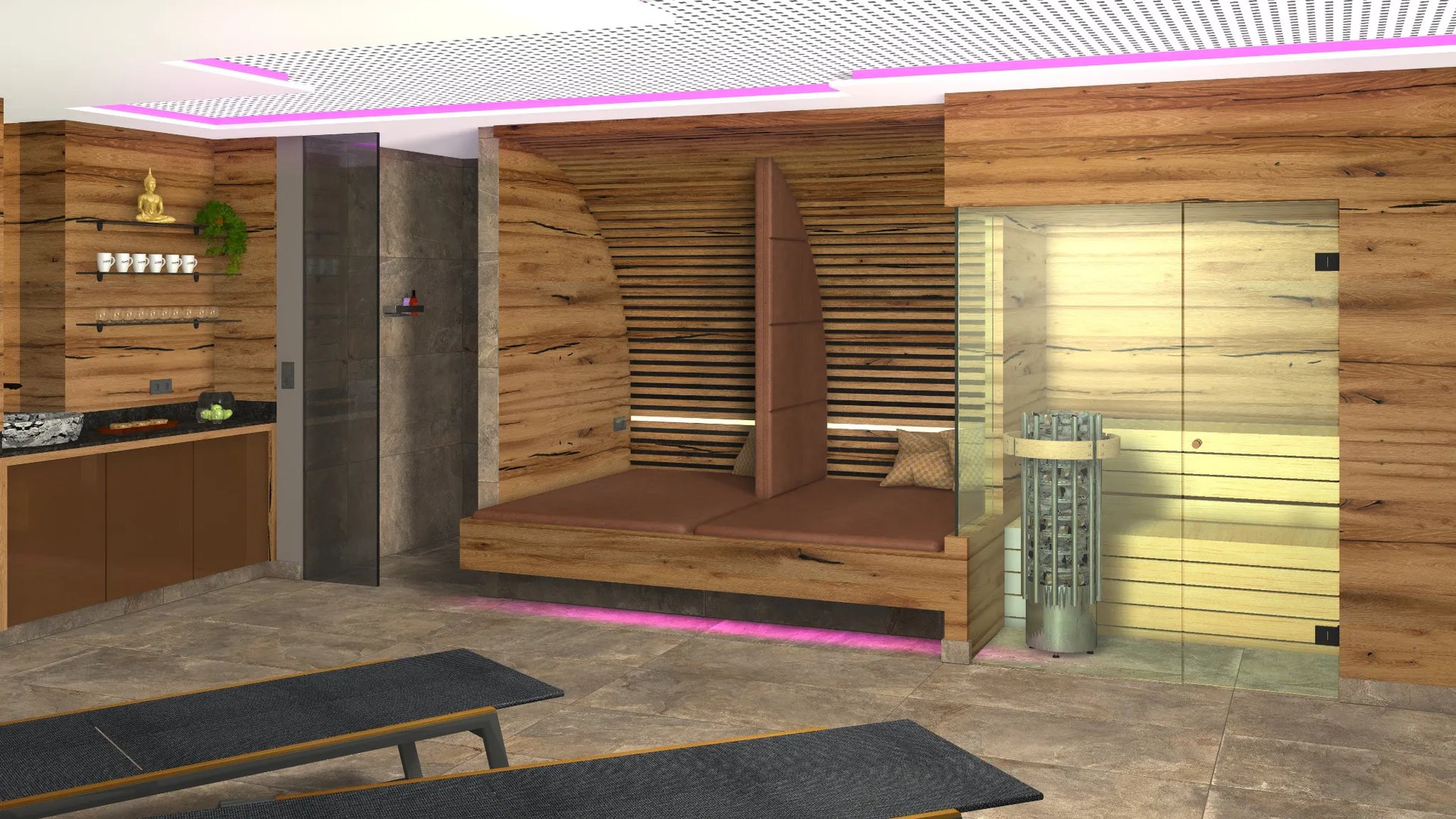 Moderner Ruheraum mit Kamin im Wellnessbereich des GRUBERS Hotel-Apartments Gastein