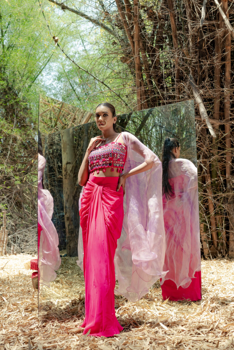 Pink Drapped Skirt with Colorplay Cape - Image 4