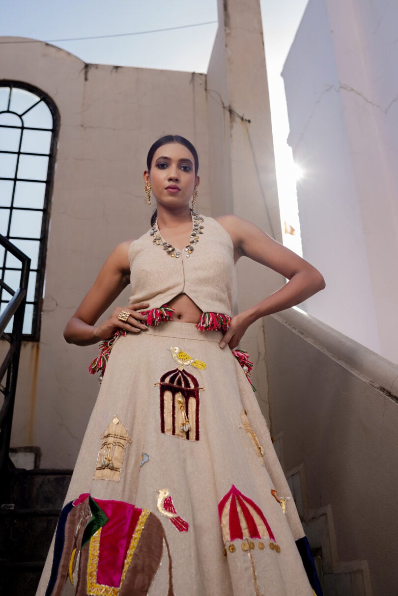 Jute Kalidar Lehenga Set with Patching Motifs. - Image 4
