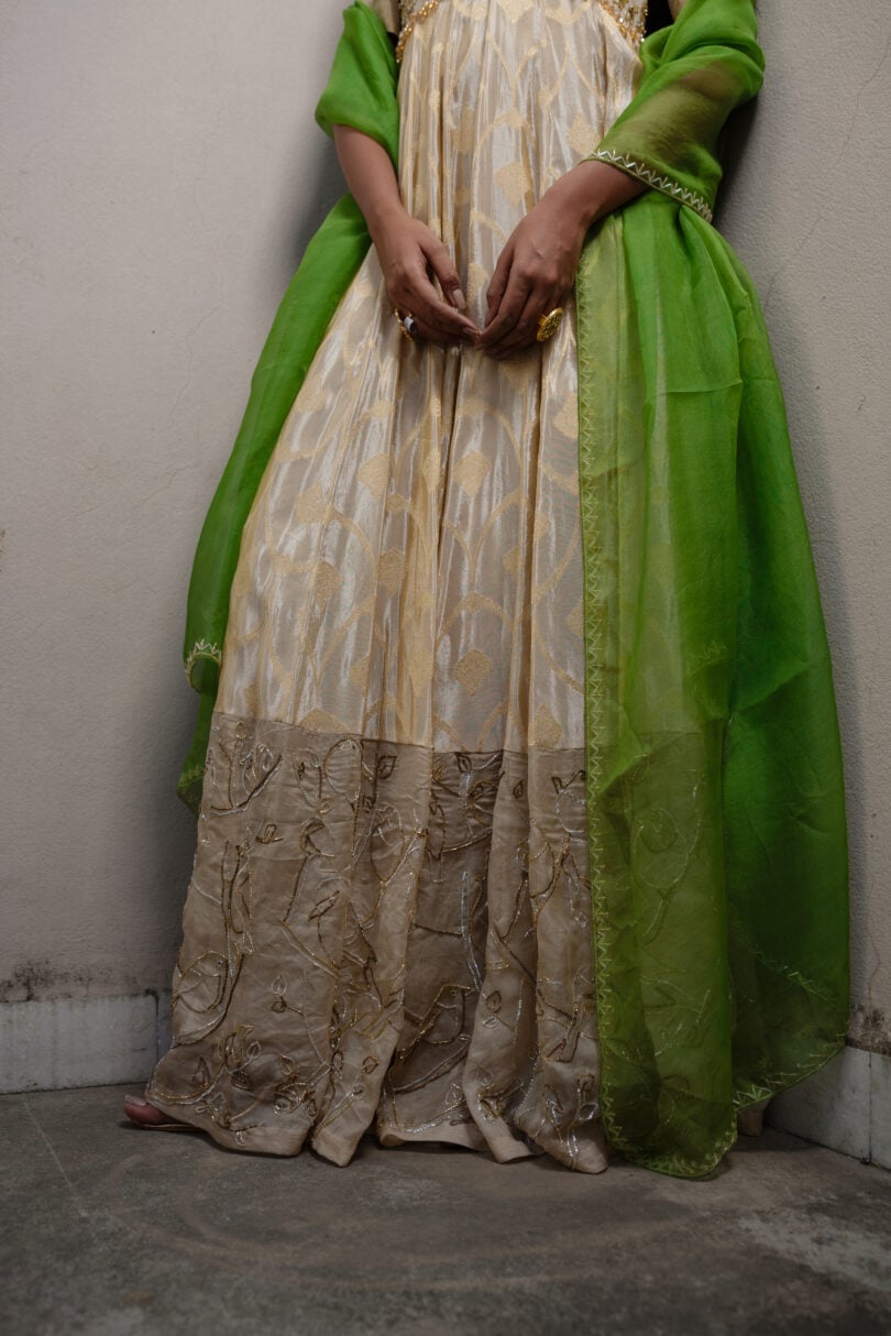 Beige Banarasi Silk Long Dress - Image 3