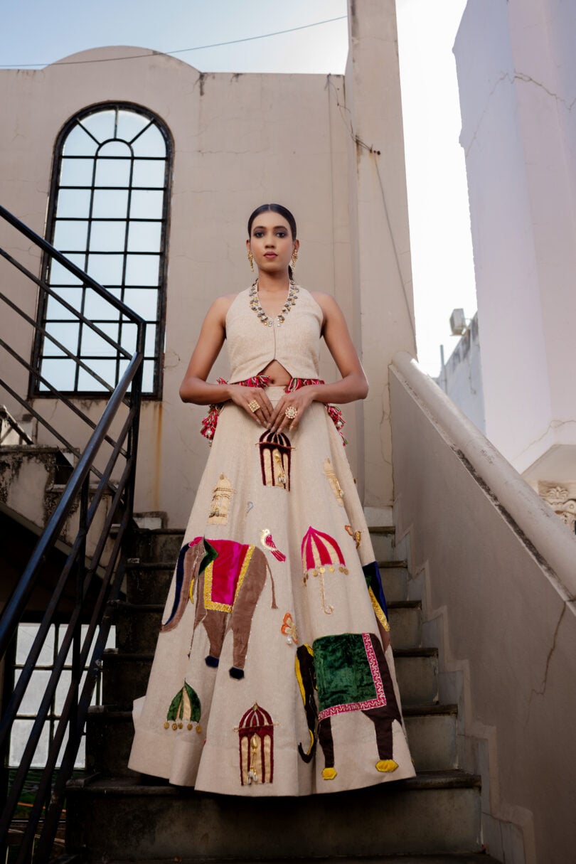 Jute Kalidar Lehenga Set with Patching Motifs. - Image 2