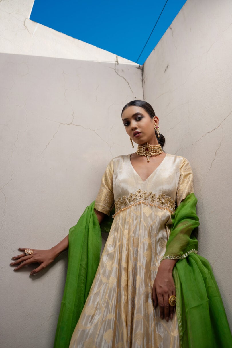 Beige Banarasi Silk Long Dress - Image 4