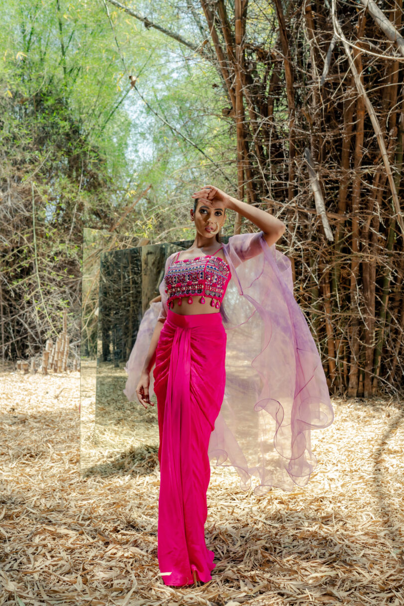 Pink Drapped Skirt with Colorplay Cape - Image 2