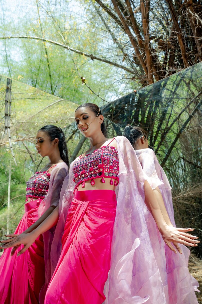 Pink Drapped Skirt with Colorplay Cape