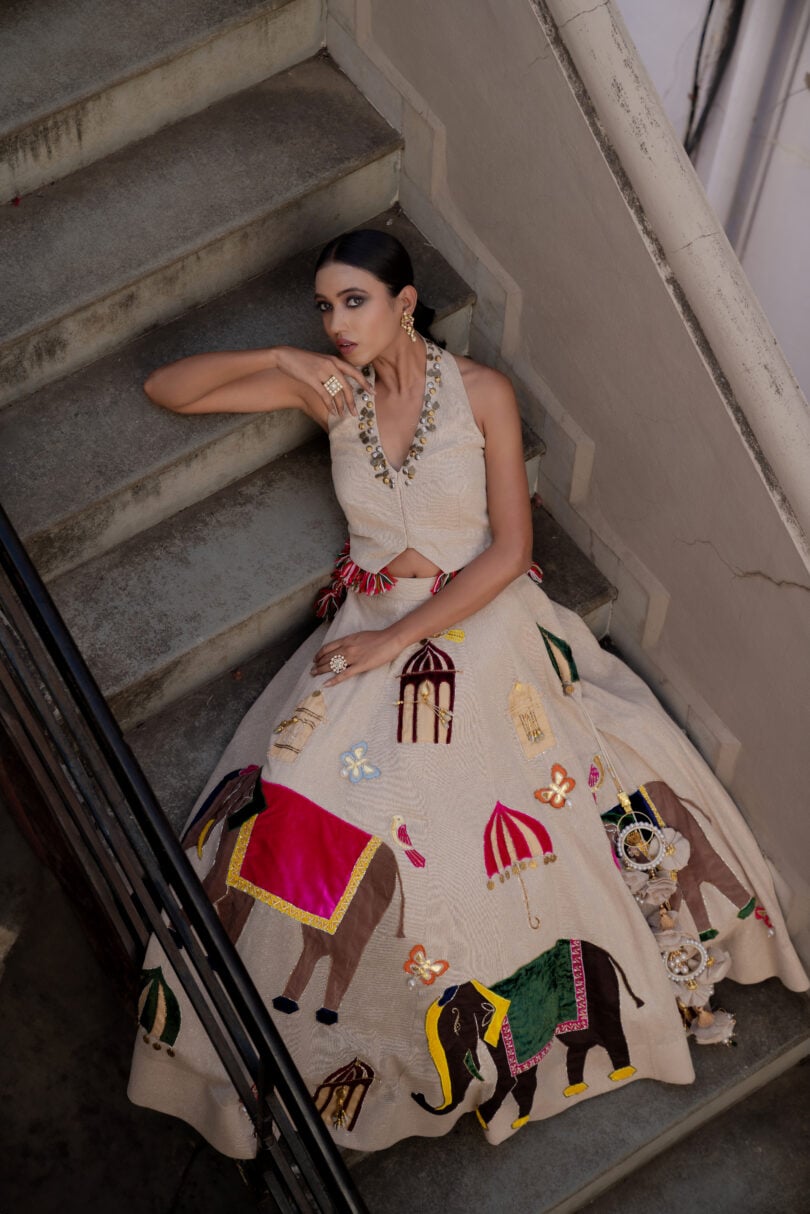 Jute Kalidar Lehenga Set with Patching Motifs.