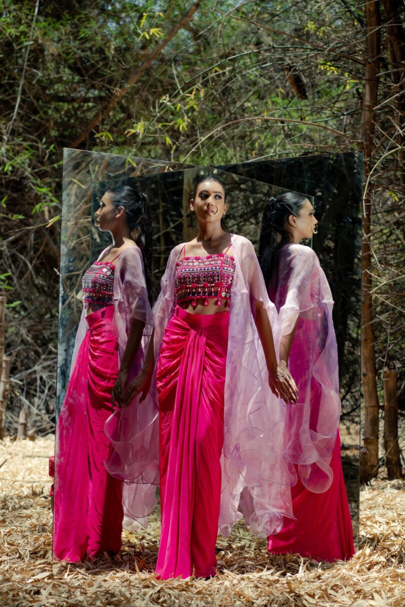 Pink Drapped Skirt with Colorplay Cape - Image 3