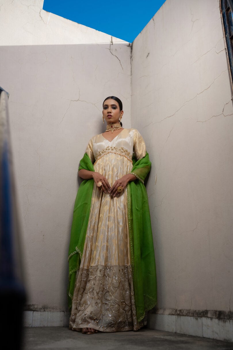Beige Banarasi Silk Long Dress