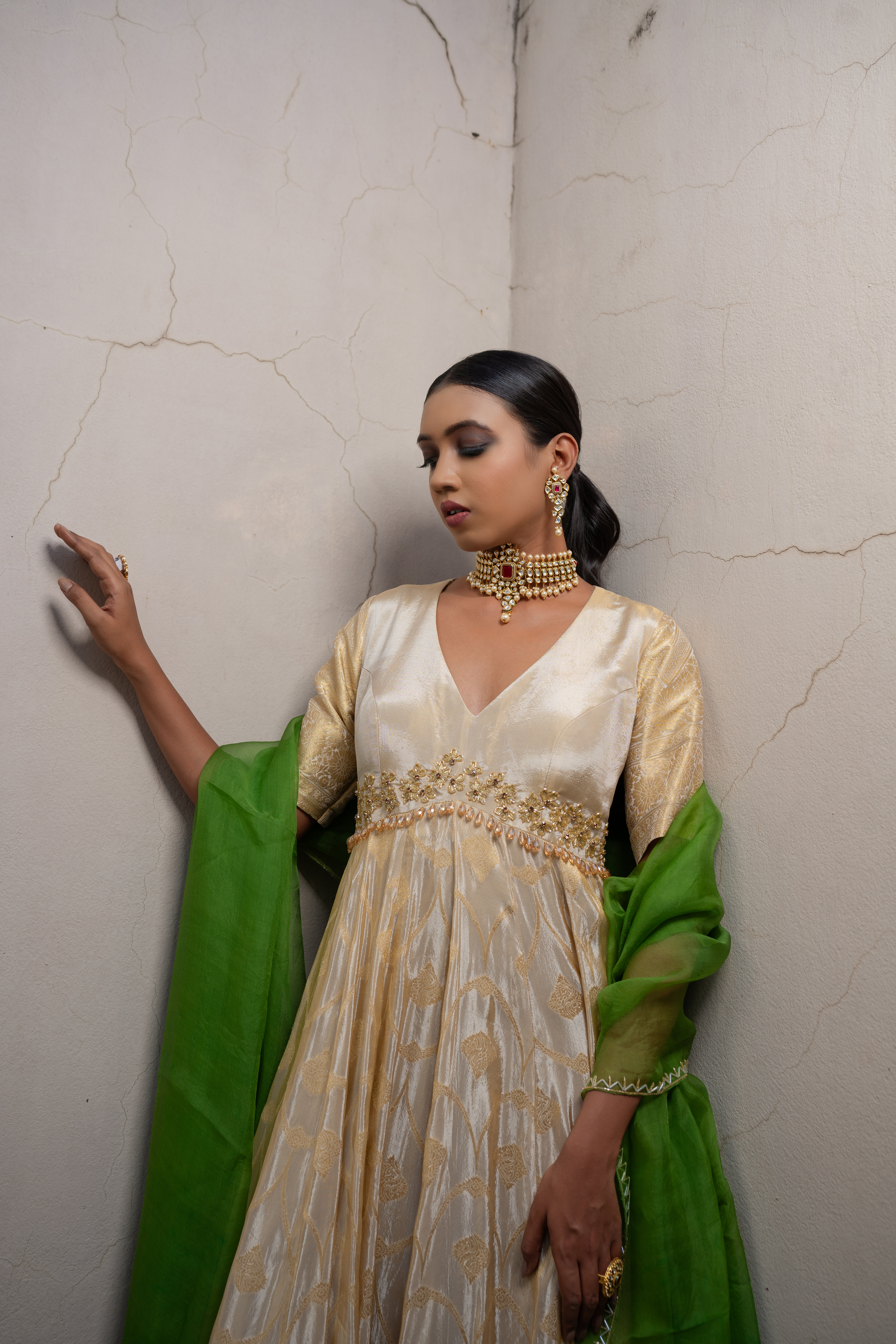 Beige Banarasi Silk Long Dress - Image 2