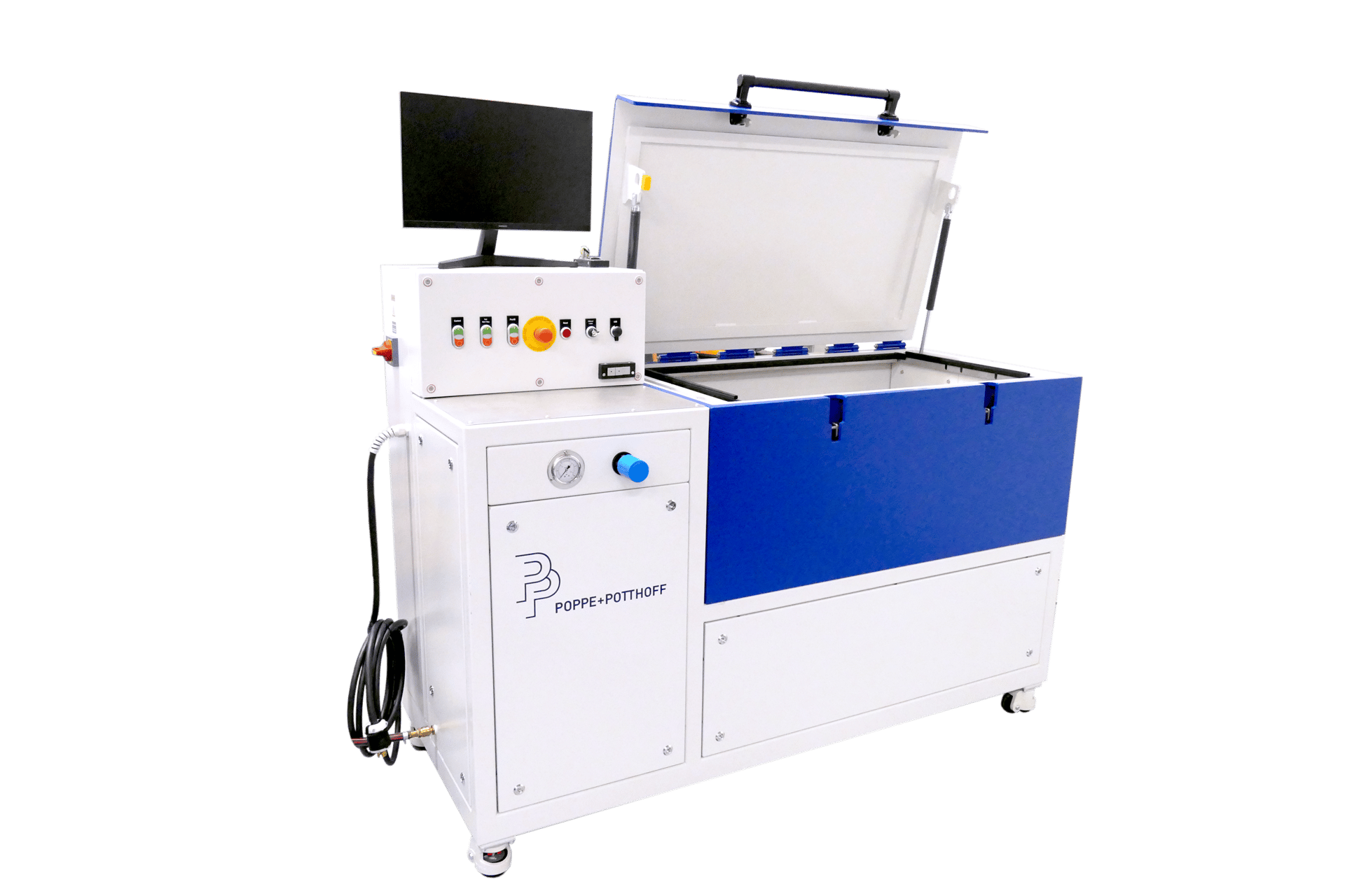 Poppe + Potthoff Maschinenbau Burst Test Rig with large test chamber, PC and testing software and high pressure pump.