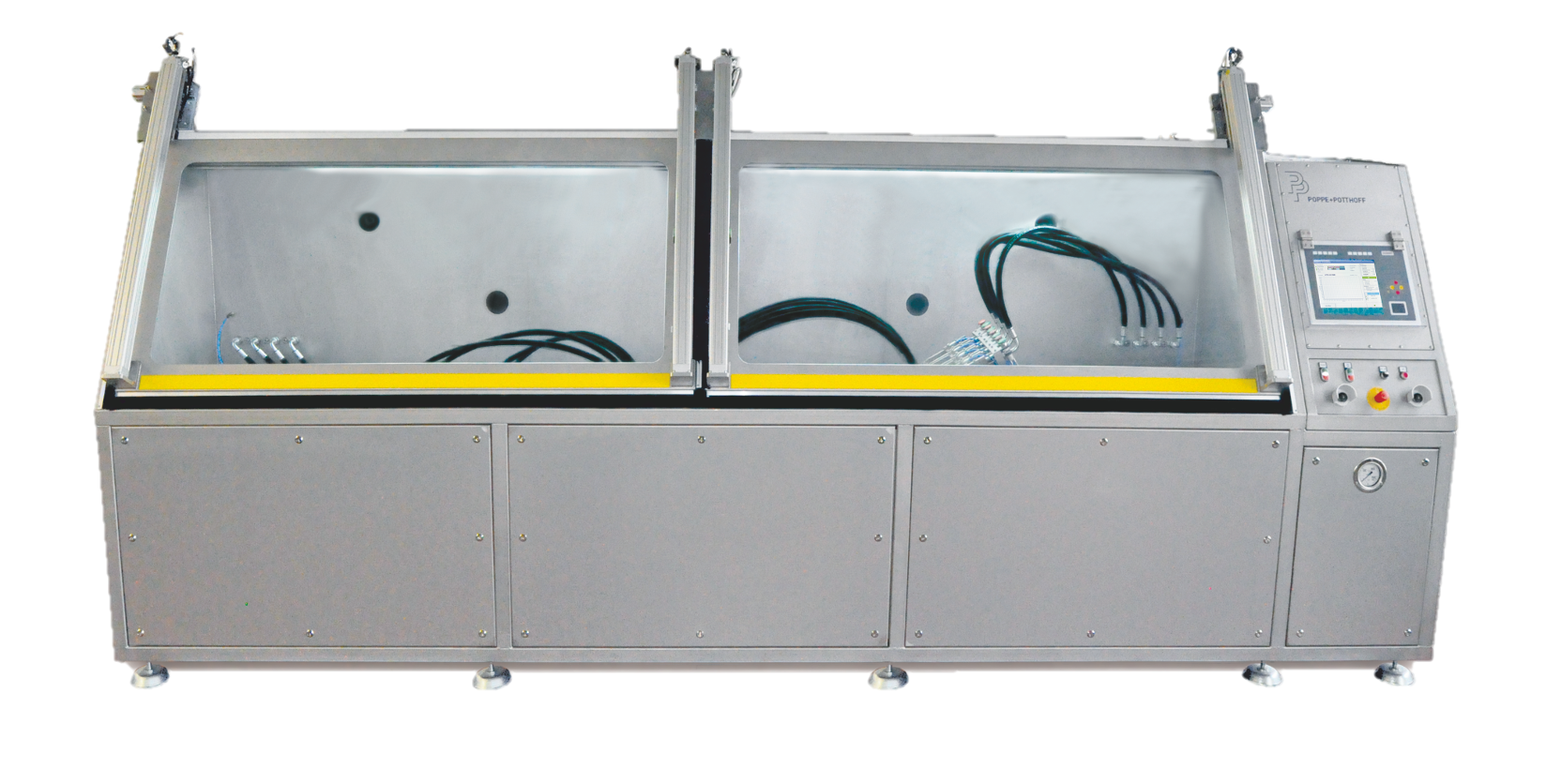 Stainless steel hydrostatic hose test stand including cleaning and drying function