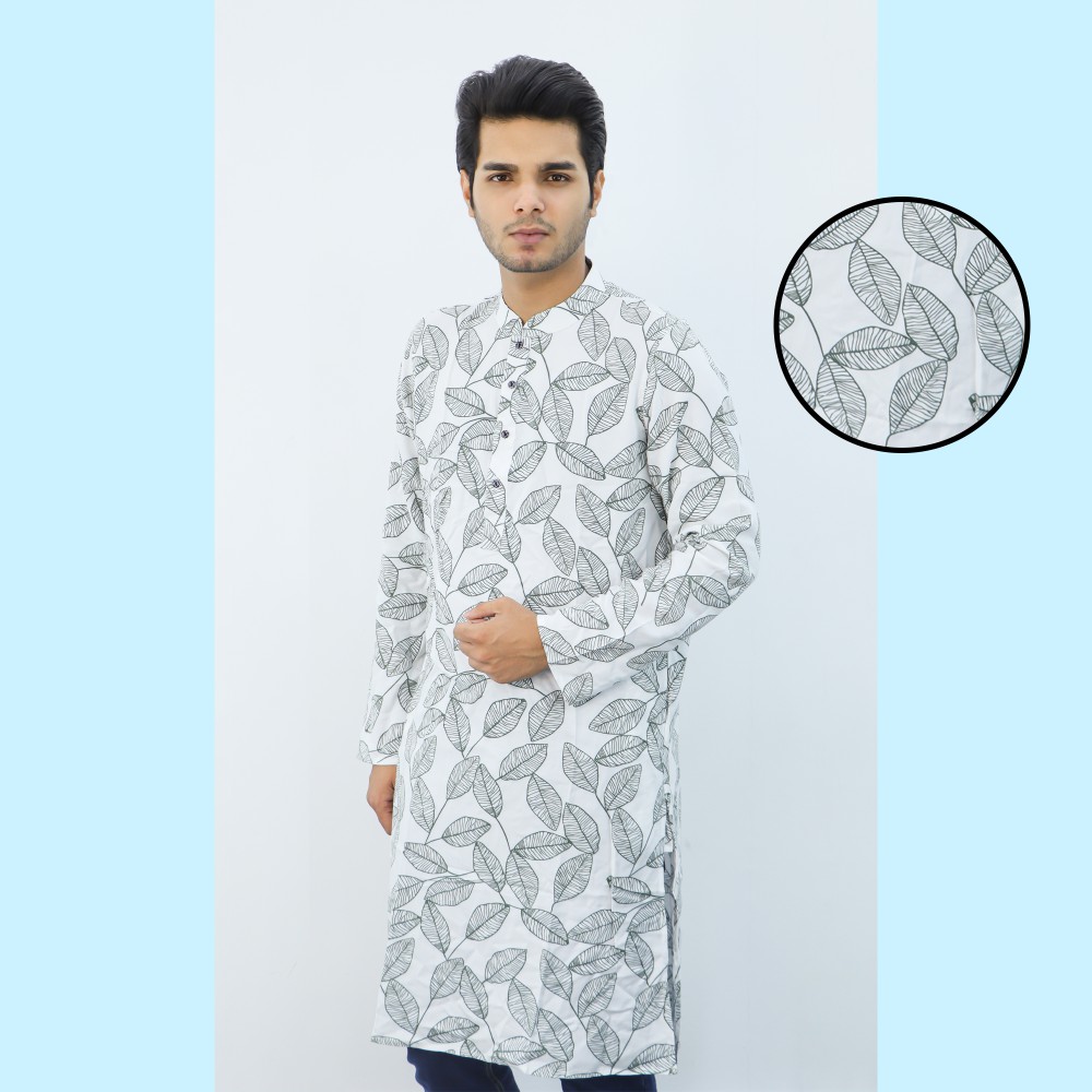 White Color Printed Men's Cotton Panjabi | Shopping Zone BD | Style #pg1250l