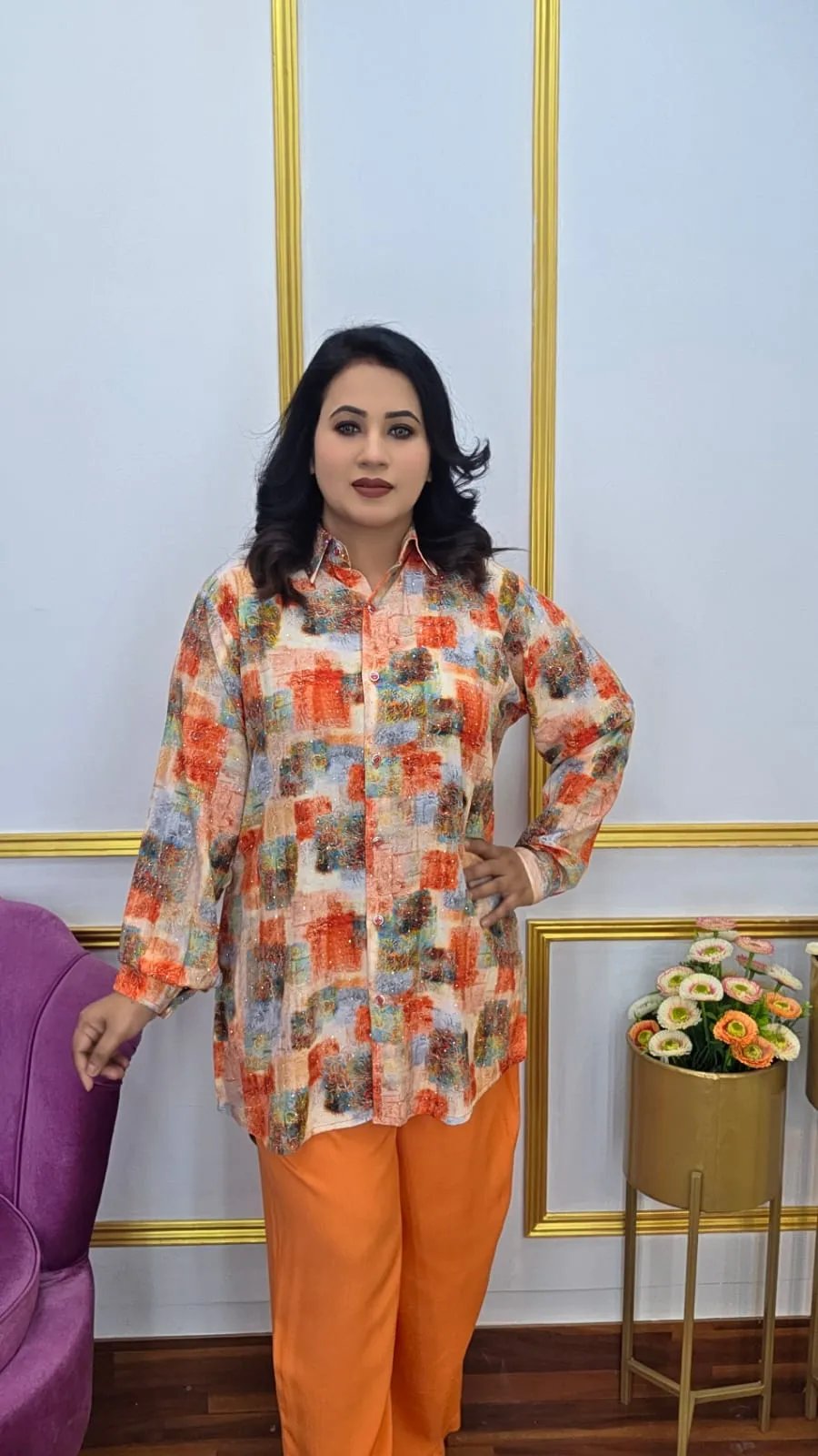 Women’s Co-ords Set Imported Lilen with Shirt Collar and Stone Work