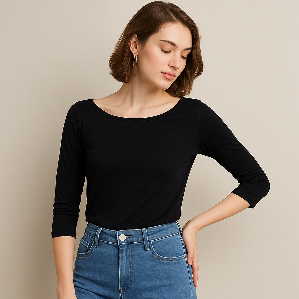 Blusa Feminina Básica Decote Gola Canoa Manga 3/4 - Image 2