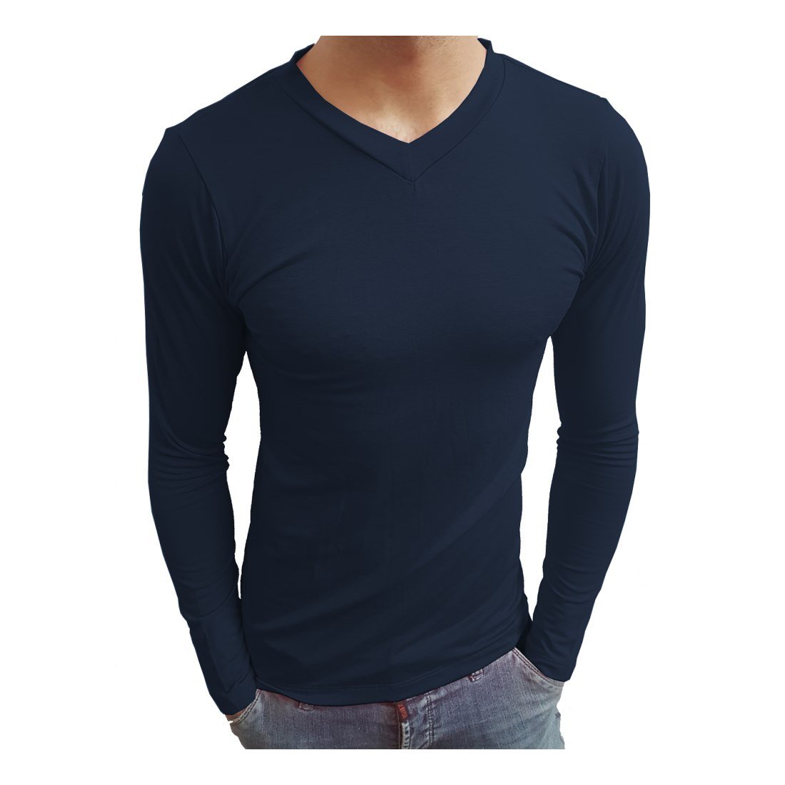 Camiseta Masculina Gola V Rasa Manga Longa Sjons