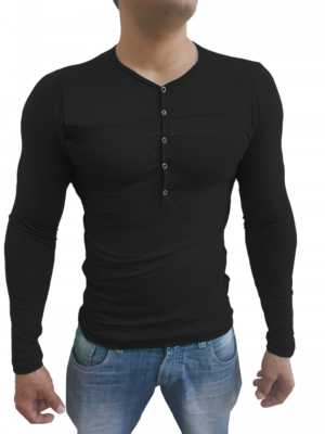 Camiseta Básica Masculina Com Botão e Detalhe Manga Longa