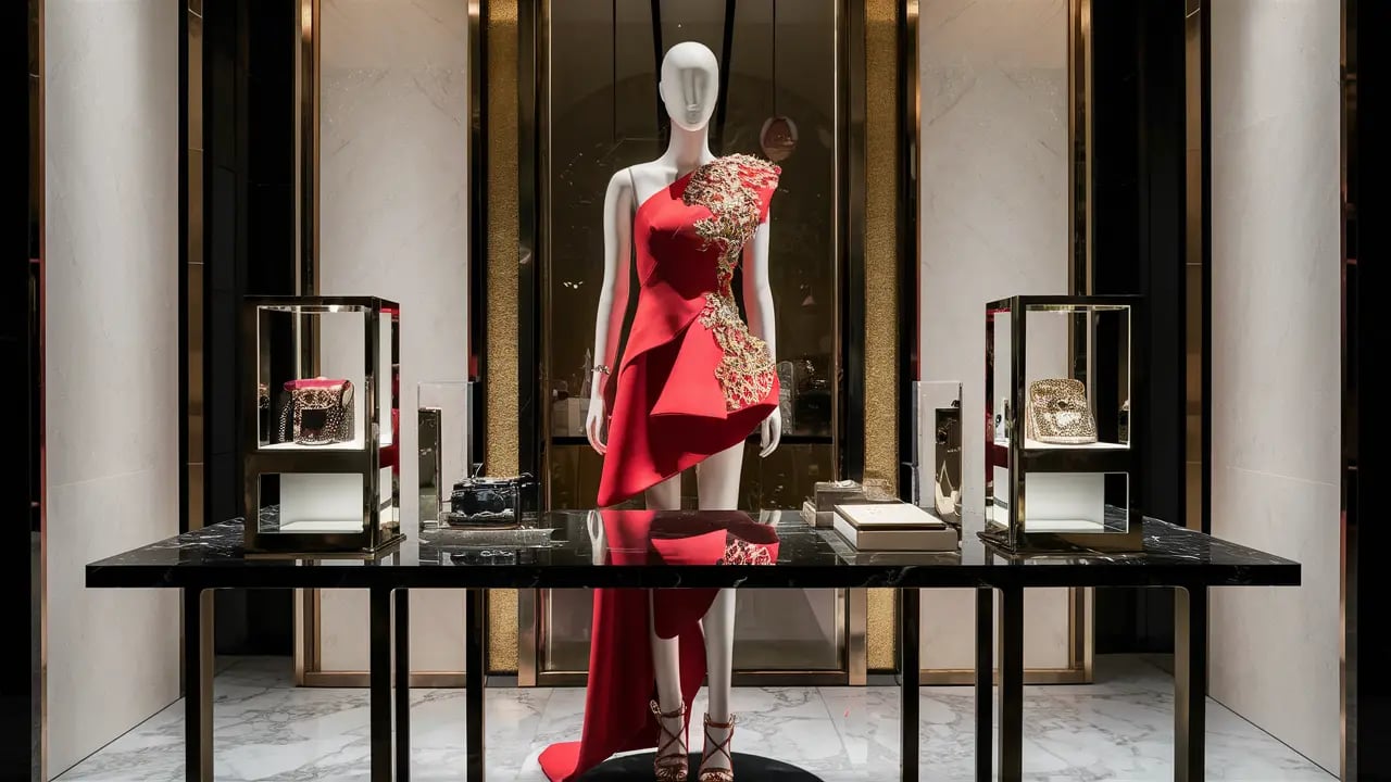 Vitrine com manequim vestindo vestido vermelho assimétrico com bordado dourado, mesa de mármore preto com acessórios elegantes.