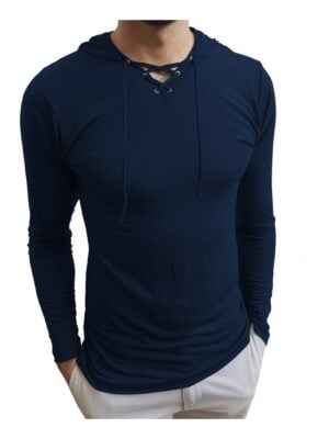 Camiseta Masculina Gola V Rasa Capuz Cordão Manga Longa Sjons