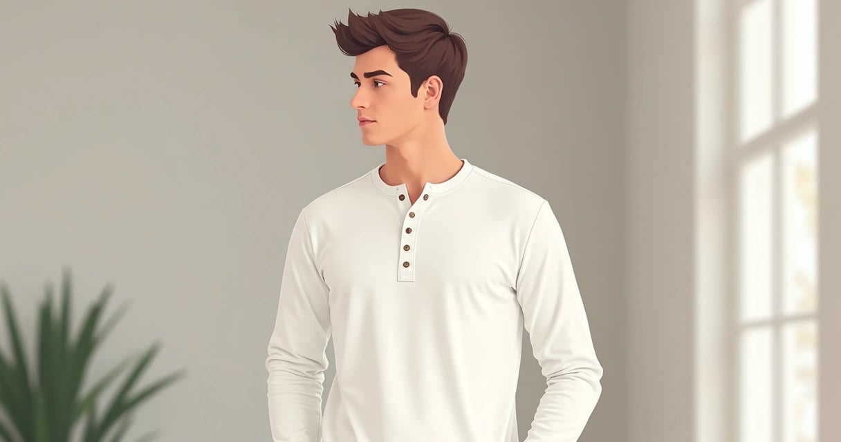 Homem vestindo camiseta gola henley branca de manga longa em ambiente casual e moderno