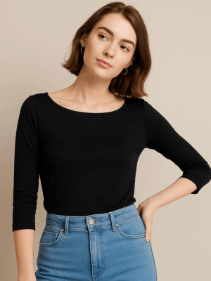 Blusa Feminina Básica Decote Gola Canoa Manga 3/4