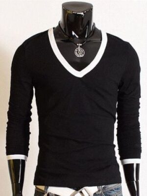 Camiseta Gola V cavada Manga Longa Preto Com gola e punhos Branco