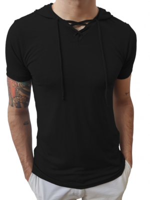Camiseta Gola V Rasa Capuz Cordão Manga Curta
