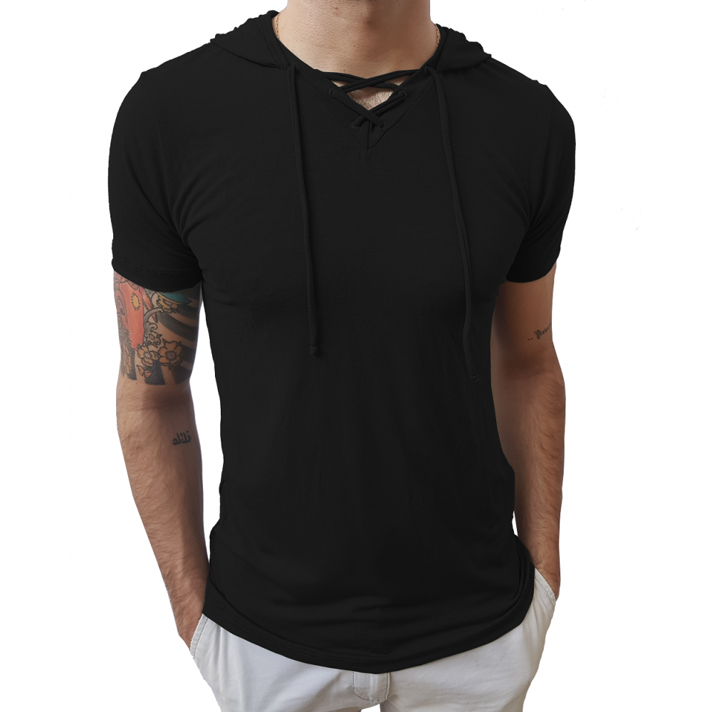 Camiseta Gola V Rasa Capuz Cordão Manga Curta