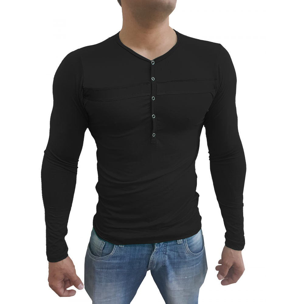 Camiseta Básica Masculina Com Botão e Detalhe Manga Longa