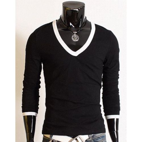 Camiseta Gola V cavada Manga Longa Preto Com gola e punhos Branco