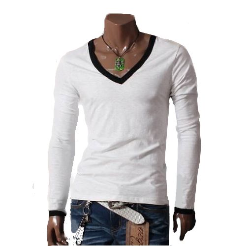 Camiseta Gola V cavada Manga Longa Branco Com gola e punhos Preto