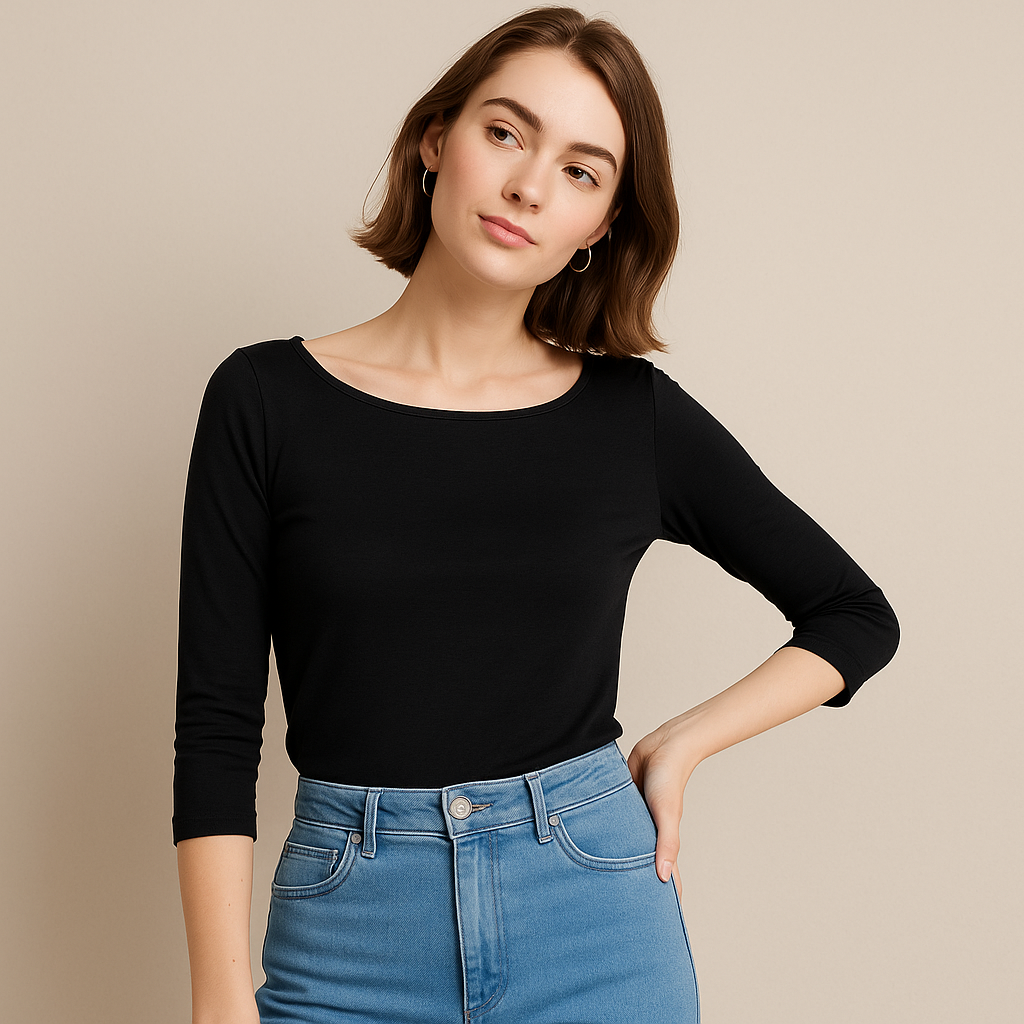 Blusa Feminina Básica Decote Gola Canoa Manga 3/4