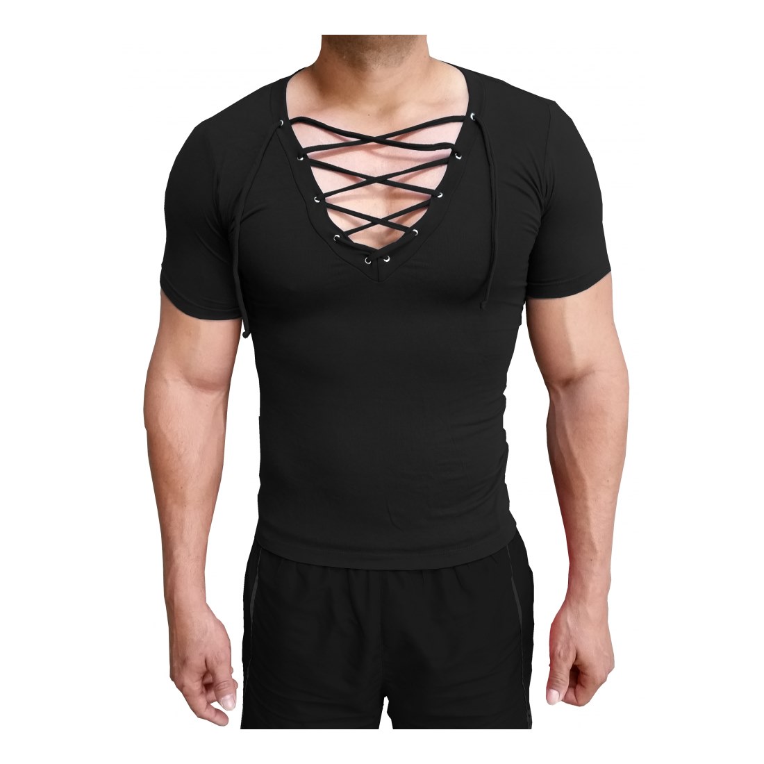 Camiseta Masculina Gola V Funda Com Cordão Manga Curta Sjons