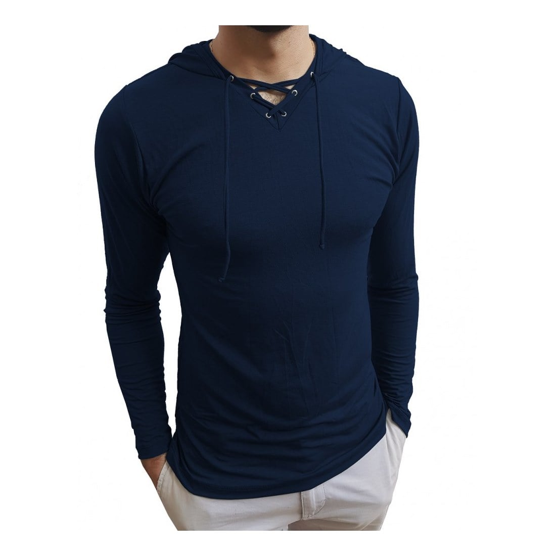 Camiseta Masculina Gola V Rasa Capuz Cordão Manga Longa Sjons