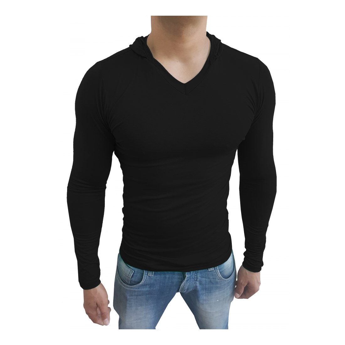 Camiseta Capuz Gola V Rasa Manga Longa