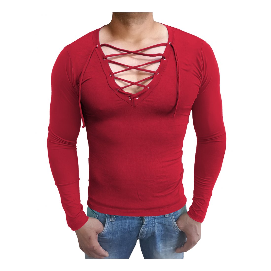 Camiseta Masculina Gola V Com Cordao Manga Longa