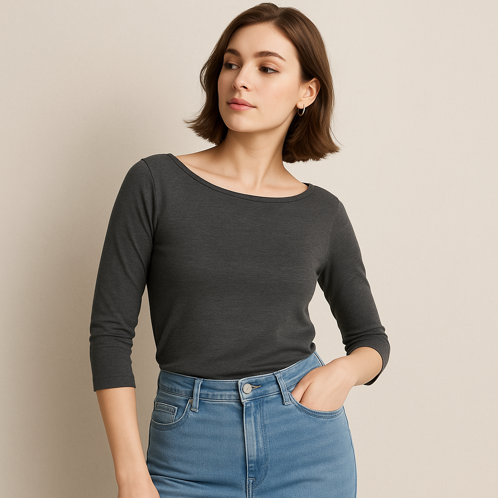 Blusa Feminina Básica Decote Gola Canoa Manga 3/4 - Imagem 3