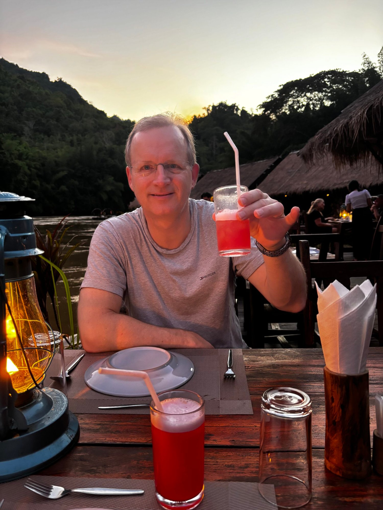 Dinner and a cocktail at River Kwai Jungle Rafts, Thailand