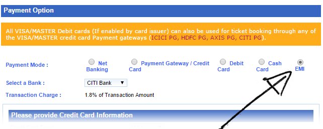 IRCTC EMI Payment option irctc-citibank-emi