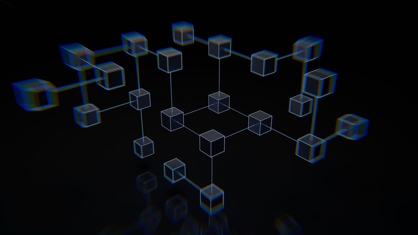 Blockchain Technology, a group of cubes that are on a black surface