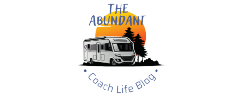 Canva logo with a motor coach, sunset and trees and the words The Abundant Coach Life Blog