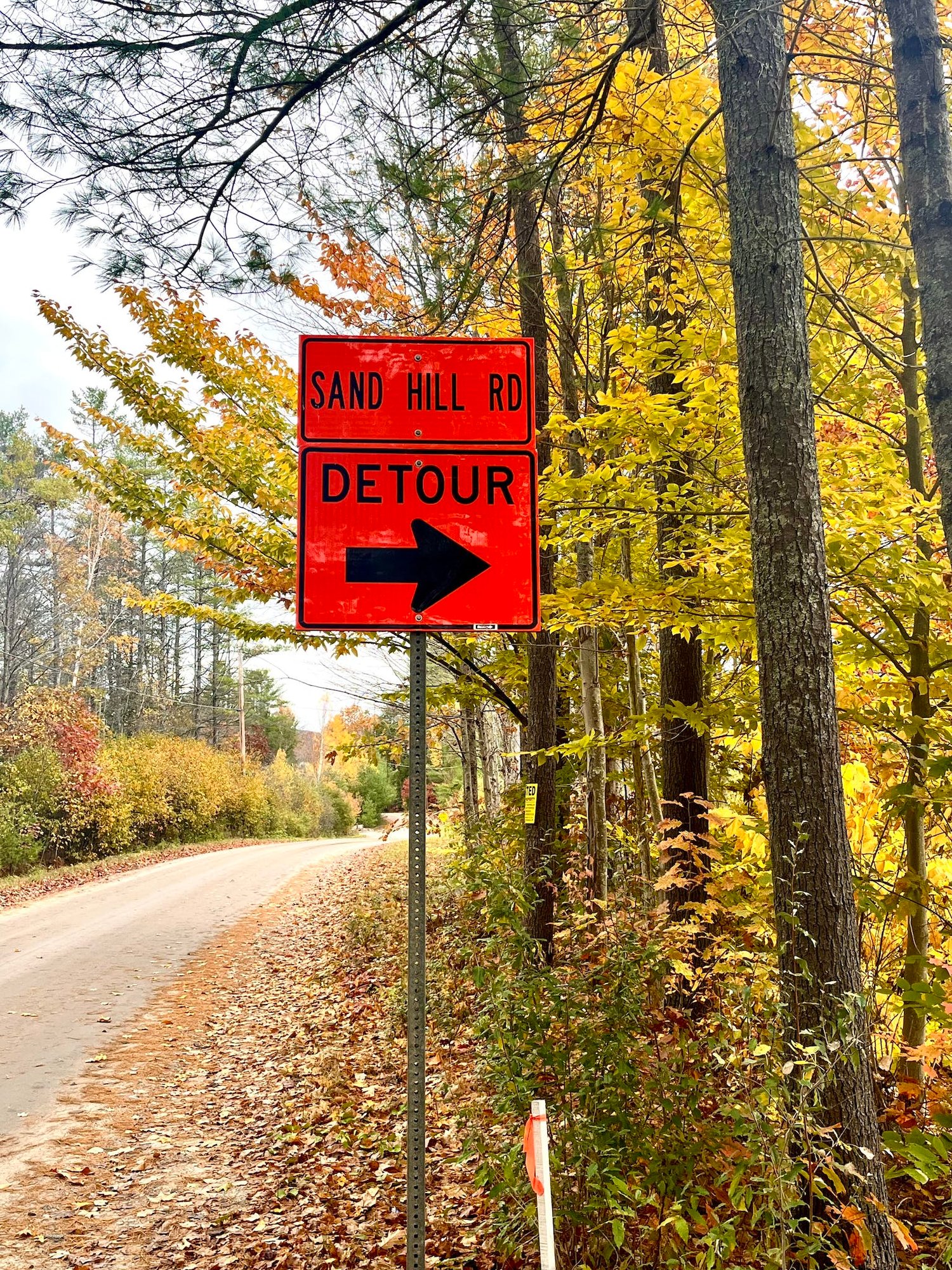 Detour sign along a country road with autumn leaves