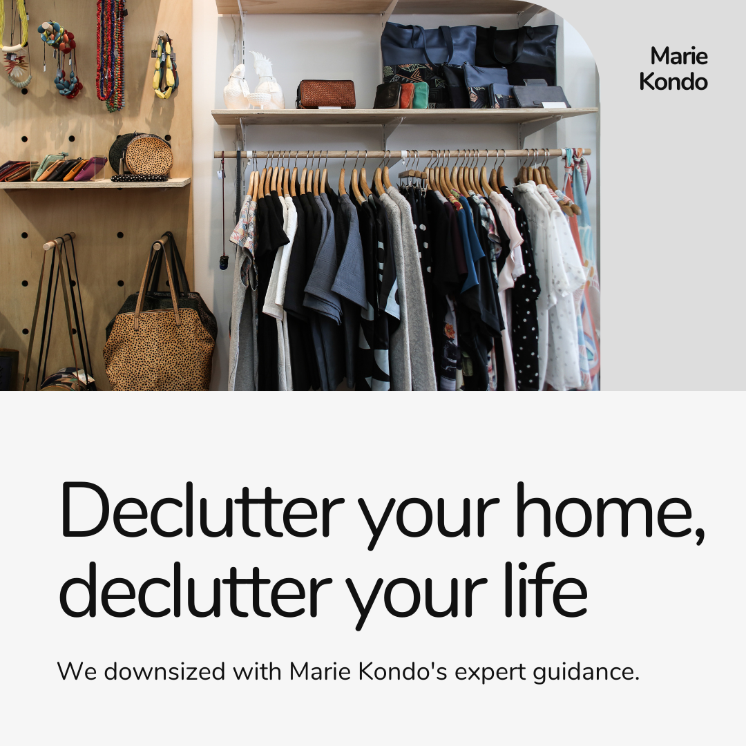 An organized closet promoting Marie Kondo - we used this method of downsizing for our Full-Time RV Living