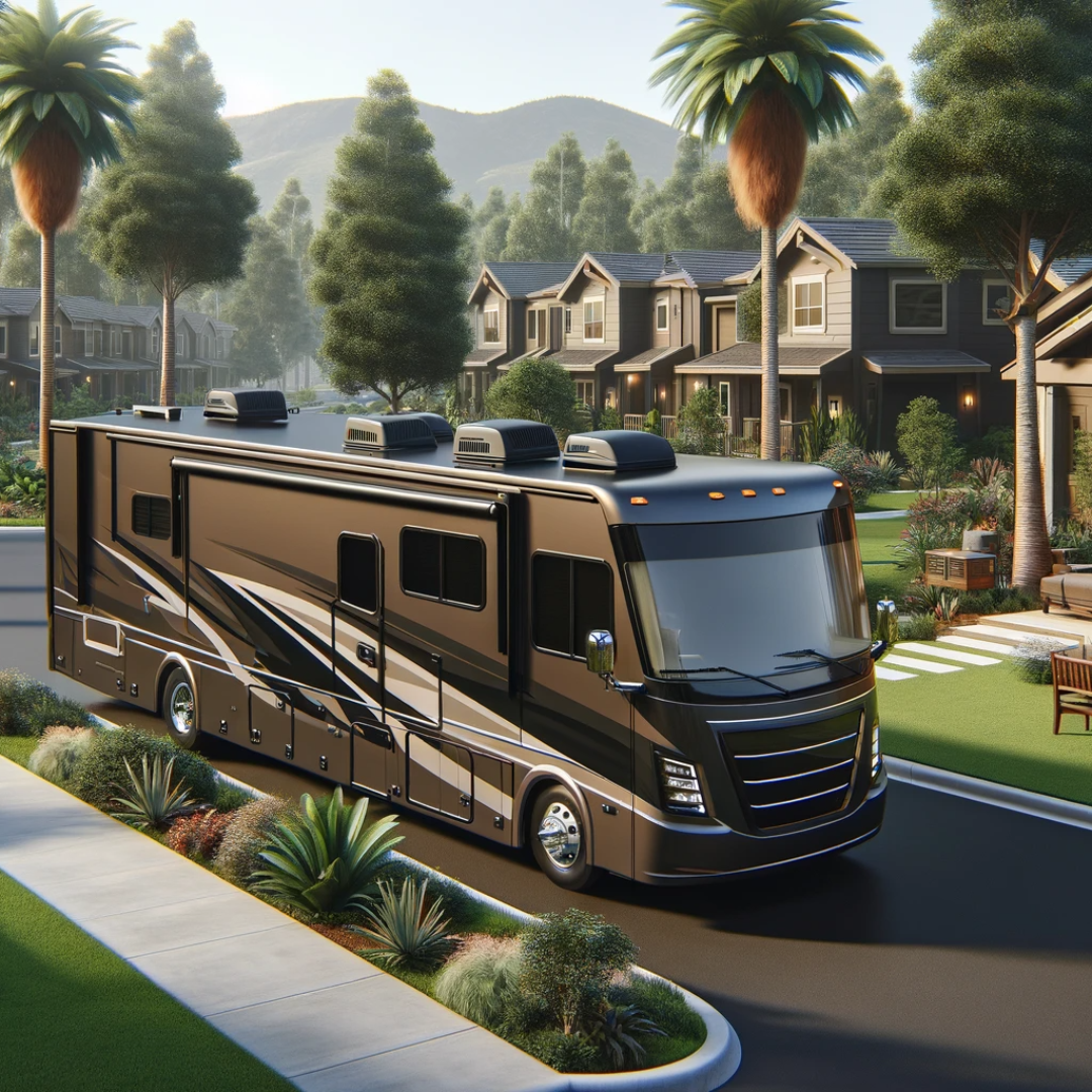 Dall-e generated picture of a coach on a street with trees and houses lined up with mountains in the background promoting Full-Time RV Living